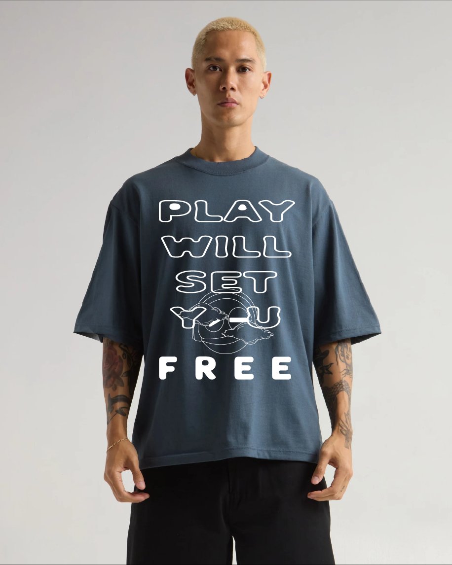 PWSYF tee — studio shot, washed blue with white bubble outline graphic